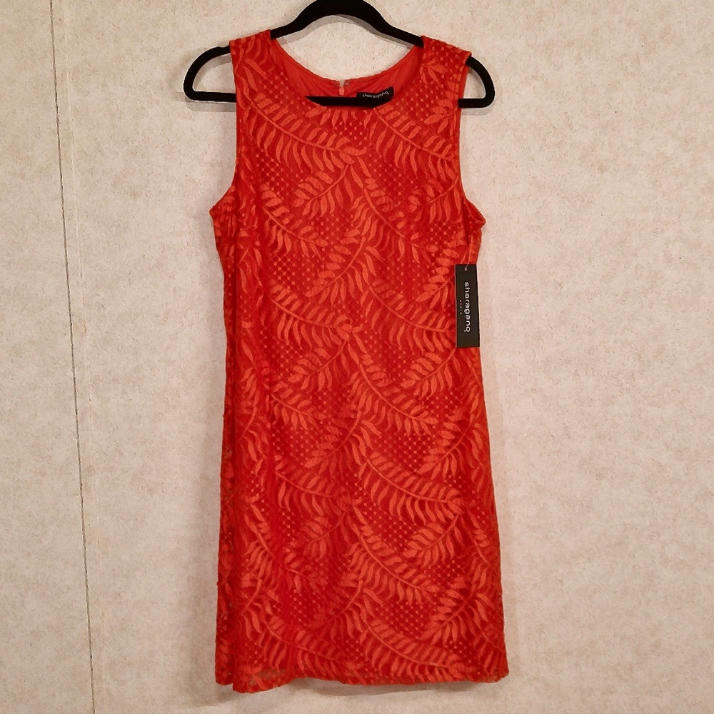 NWT Sharagano High Heat Orange Mini Dress Lace Over Fabric, Lining,Back zip Sz14